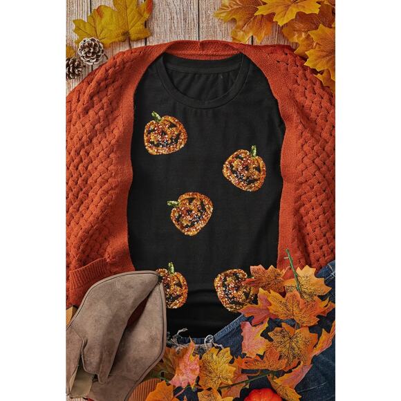 Sequin Pumpkin Face Halloween T Shirt - Picture 3 of 5